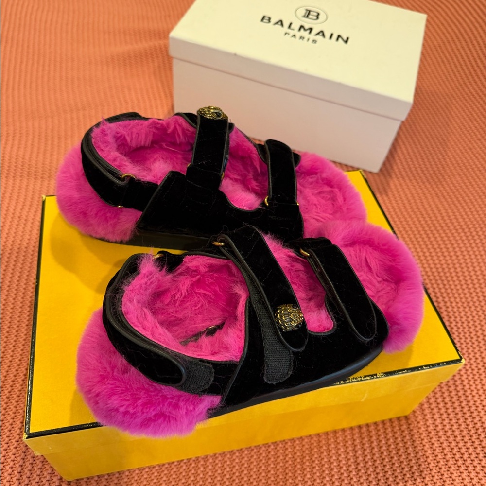 Kurt Geiger Pink and Black Furry Sandals
